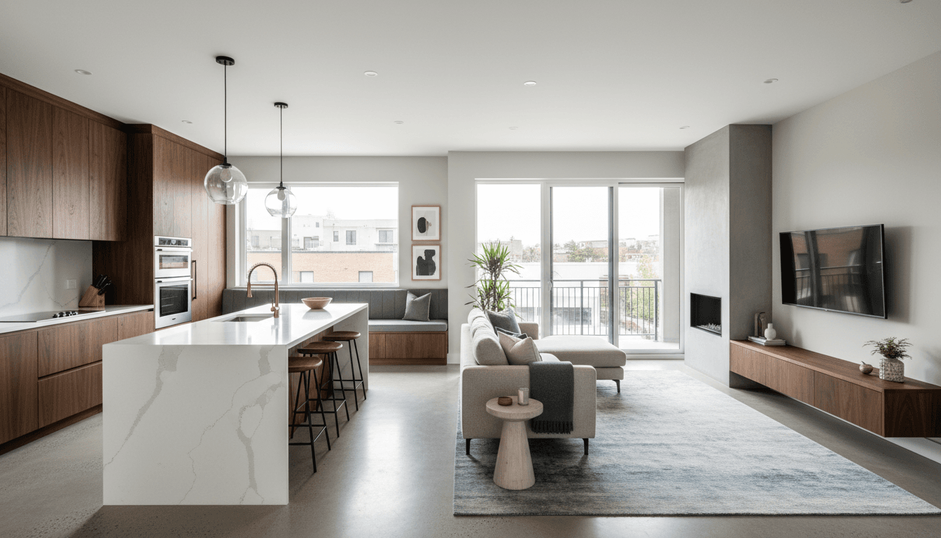 Modern interior renovation of residential space showing completed kitchen and living area
