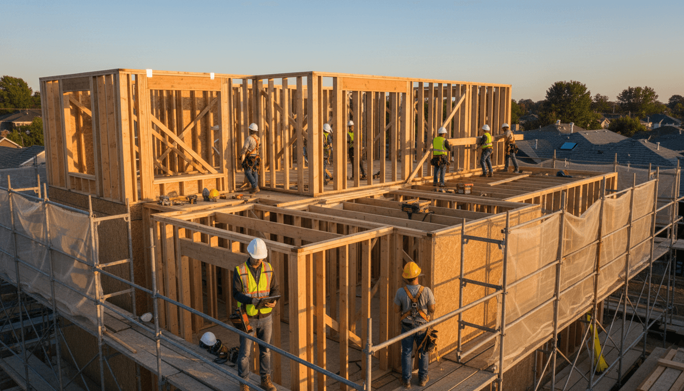 Construction team reviewing blueprints at an active job site