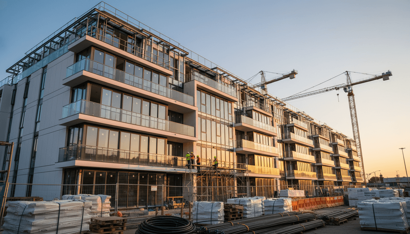 Multi-story residential building under construction with workers and modern facade during golden hour sunlight