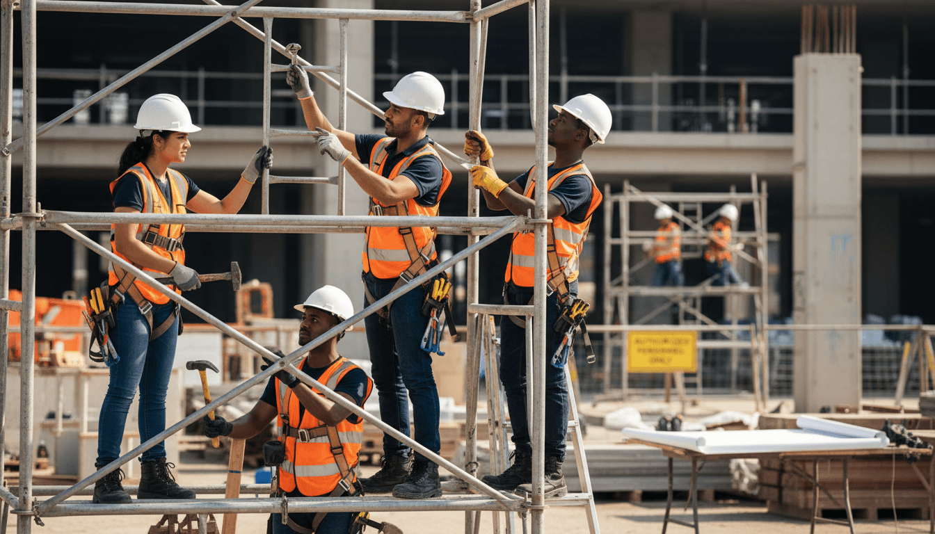 Scaffolding crew of diverse workers actively assembling framework sections with safety equipment at construction site