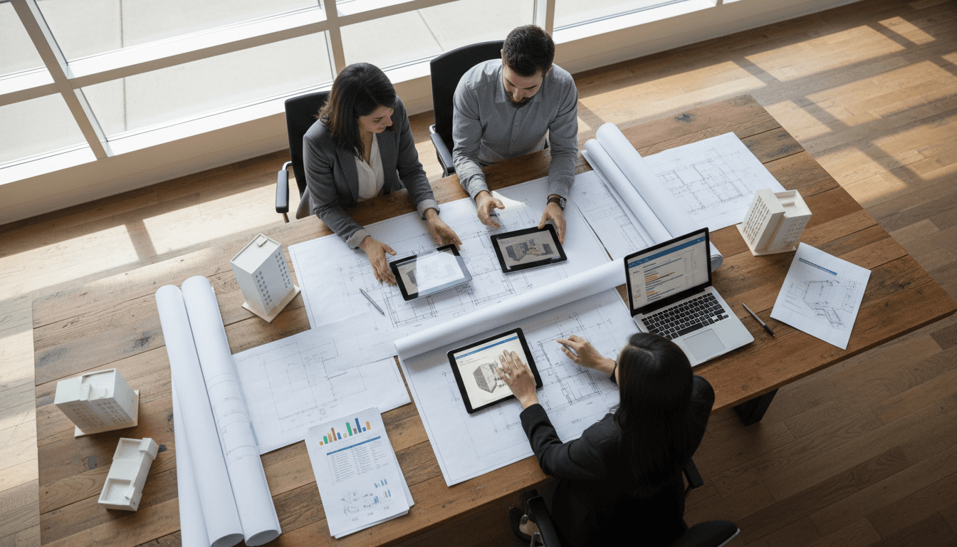 MRUU LTD construction team reviewing project plans on site