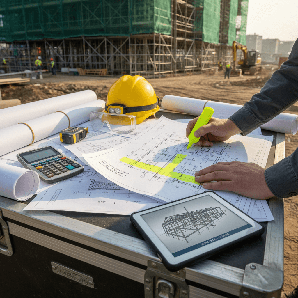 Project manager's hands marking blueprint specifications with yellow highlighter at construction site planning table.