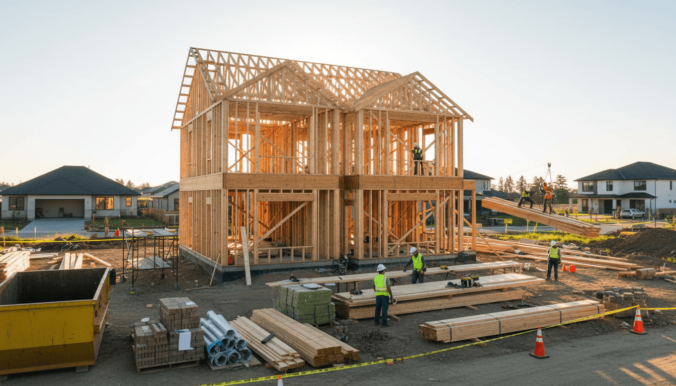 Multi-story residential construction site during golden hour with workers framing wooden structure