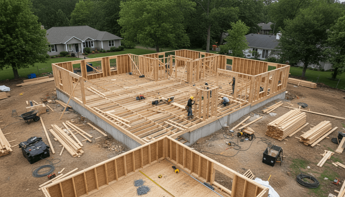 Aerial view of residential construction site showing wooden framing and foundation work with multiple workers and materials